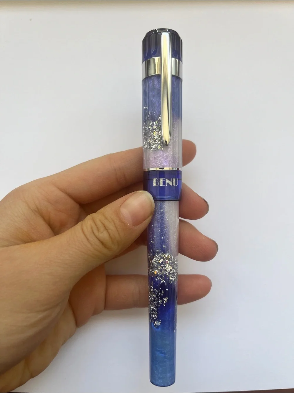 New Benu Exclusive Fountain Pen Tribute Swan Lake Broad Nib Shimmer Blue White